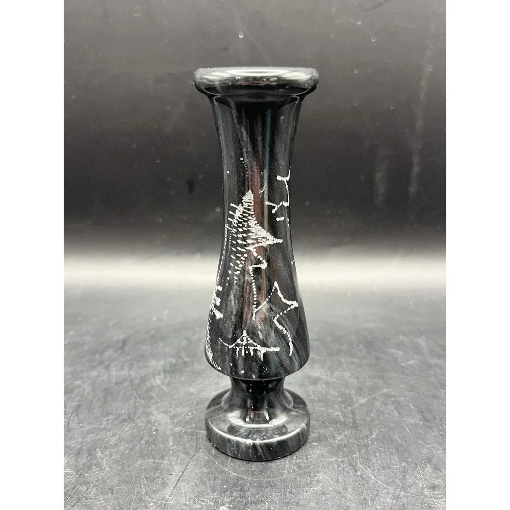 Vintage Black Stone Marble Onyx Bud Vase Carved Oriental Tree Smooth 4.5